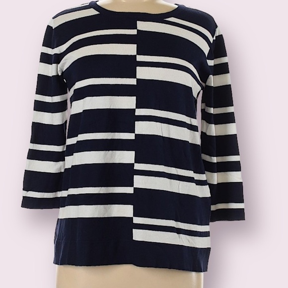 𝅺DANA Buchman Women Rayon Blend Crewneck Striped Print 3/4 Sleeves Sweater Top M - Picture 1 of 12
